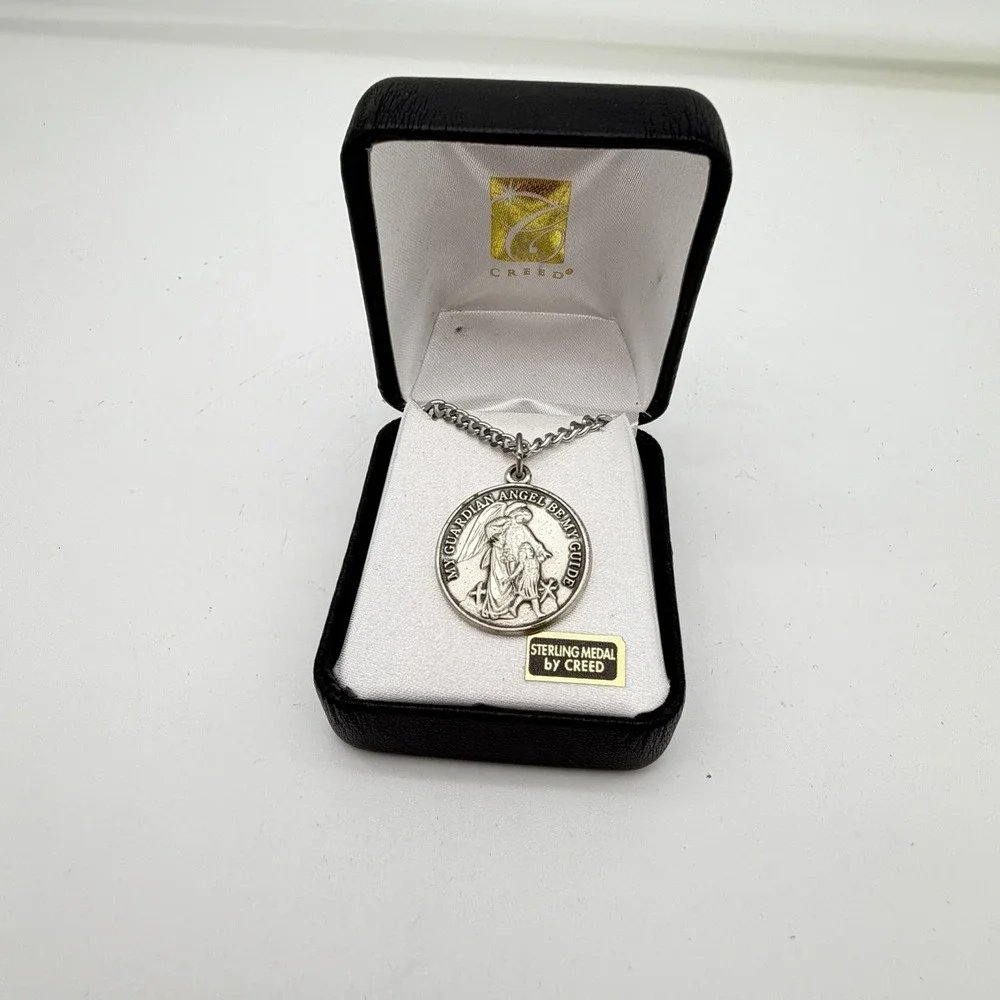 Vintage Creed Sterling Silver Medal Pendant Necklace Guardian Angel Be My Guide